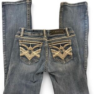 L.A. idol Women's Lowrise Boot Cut Jeans with Embroidered Back Pockets - Blue